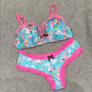 Victoria's Secret Pink & Blue Floral Satin Balconet Bra with Cheeky Panty